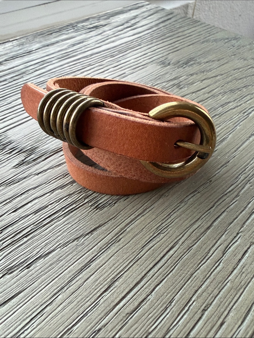 Women's Rustic Brown Leather Wrap Belt with Brass Rings